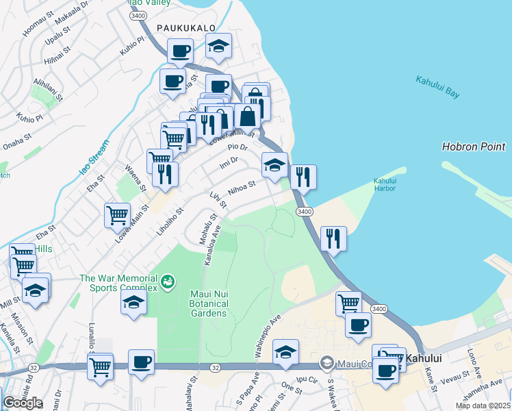 map of restaurants, bars, coffee shops, grocery stores, and more near 406 Kanaloa Avenue in Kahului