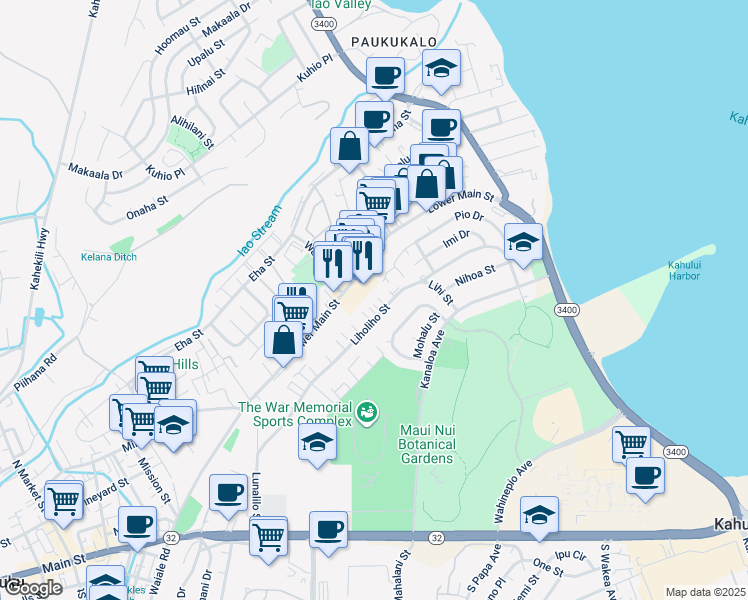 map of restaurants, bars, coffee shops, grocery stores, and more near 447 Liholiho Street in Wailuku