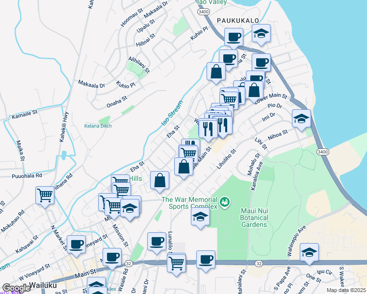 map of restaurants, bars, coffee shops, grocery stores, and more near 50 Waipaa Lane in Wailuku