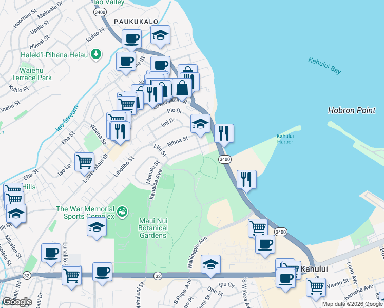 map of restaurants, bars, coffee shops, grocery stores, and more near 412 Kanaloa Avenue in Kahului