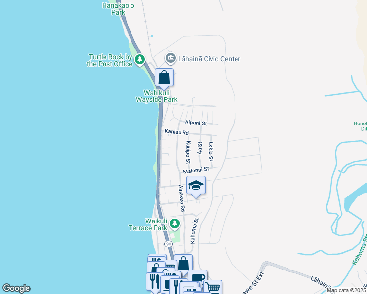 map of restaurants, bars, coffee shops, grocery stores, and more near 1631 Kuuipo Street in Lahaina