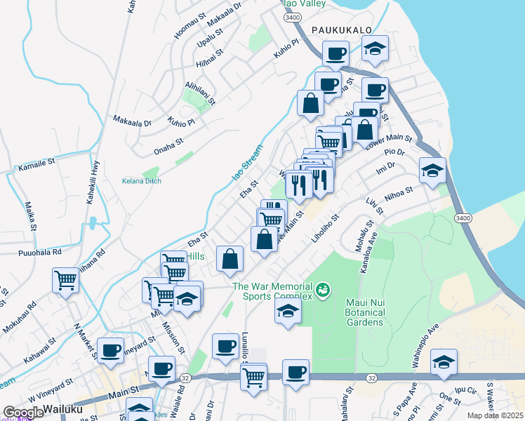 map of restaurants, bars, coffee shops, grocery stores, and more near 60 Waipaa Lane in Wailuku