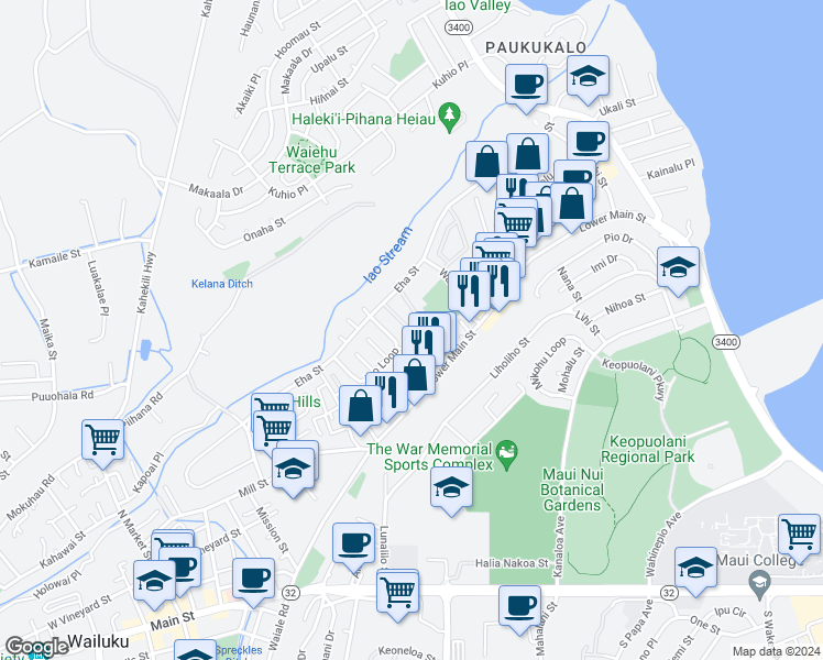 map of restaurants, bars, coffee shops, grocery stores, and more near 60 Waipaa Lane in Wailuku