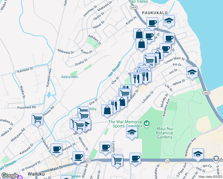 map of restaurants, bars, coffee shops, grocery stores, and more near 20 Iao Loop in Wailuku