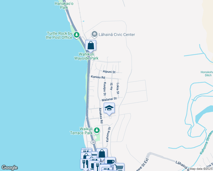 map of restaurants, bars, coffee shops, grocery stores, and more near 1632 Kuuipo Street in Lahaina