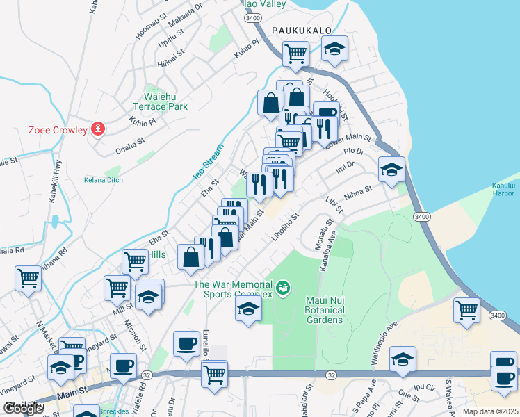 map of restaurants, bars, coffee shops, grocery stores, and more near 1132 Lower Main Street in Wailuku