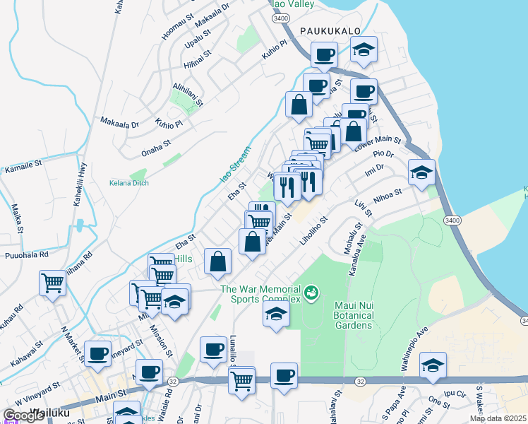 map of restaurants, bars, coffee shops, grocery stores, and more near 71 Waiaka Lane in Wailuku