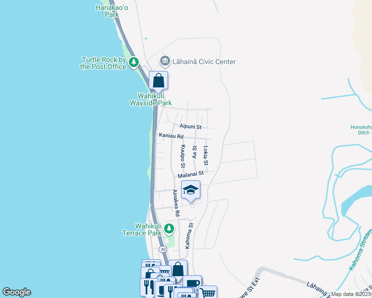 map of restaurants, bars, coffee shops, grocery stores, and more near 1640 Kuuipo Street in Lahaina