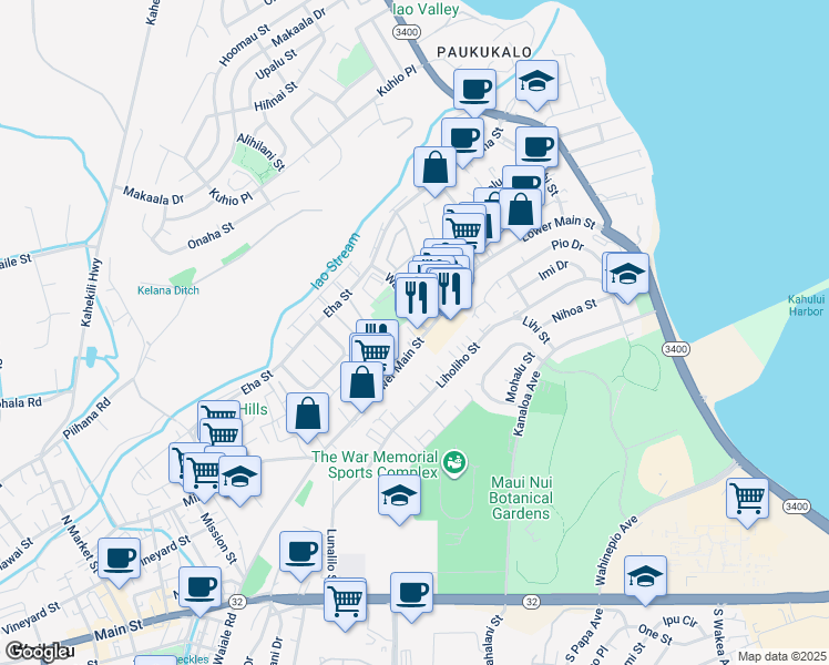 map of restaurants, bars, coffee shops, grocery stores, and more near 220 Hala Place in Wailuku