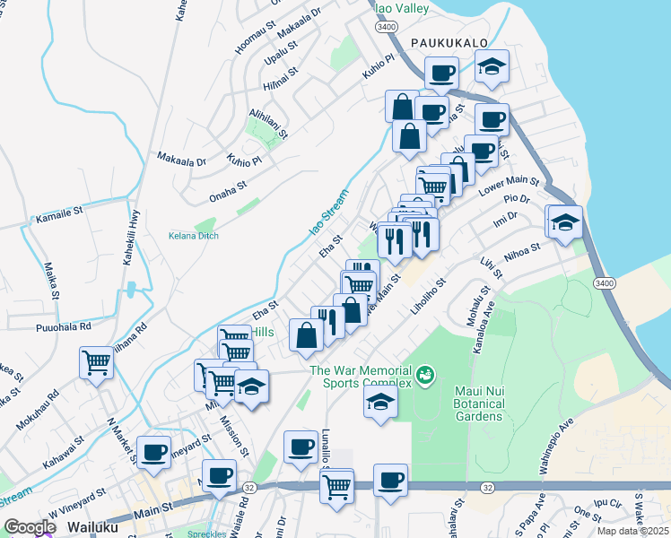 map of restaurants, bars, coffee shops, grocery stores, and more near 36 Iao Loop in Wailuku