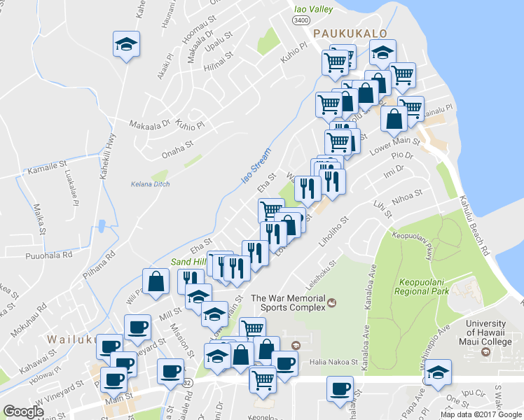 map of restaurants, bars, coffee shops, grocery stores, and more near 25 Waipaa Lane in Wailuku