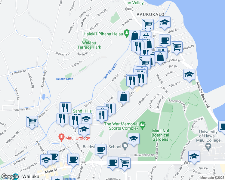 map of restaurants, bars, coffee shops, grocery stores, and more near 25 Waipaa Lane in Wailuku