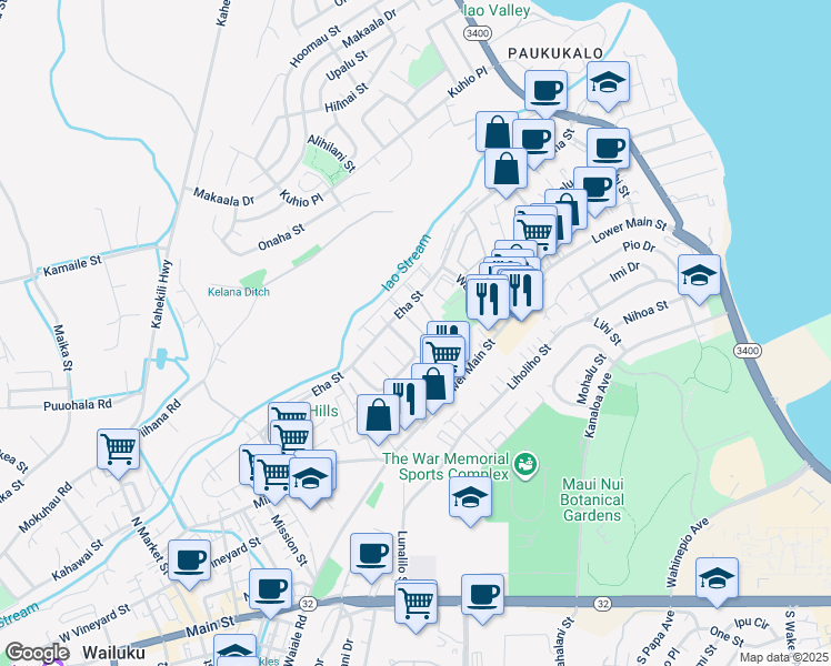 map of restaurants, bars, coffee shops, grocery stores, and more near 25 Waipaa Lane in Wailuku