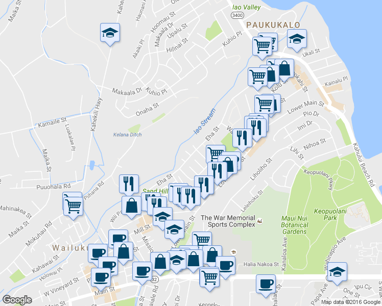 map of restaurants, bars, coffee shops, grocery stores, and more near 6 Lawai Place in Wailuku