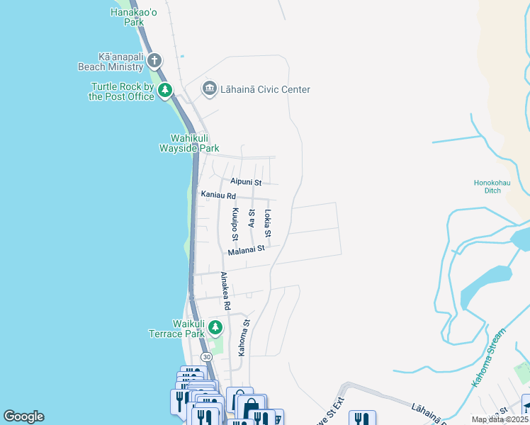map of restaurants, bars, coffee shops, grocery stores, and more near 1635 Lokia Street in Lahaina