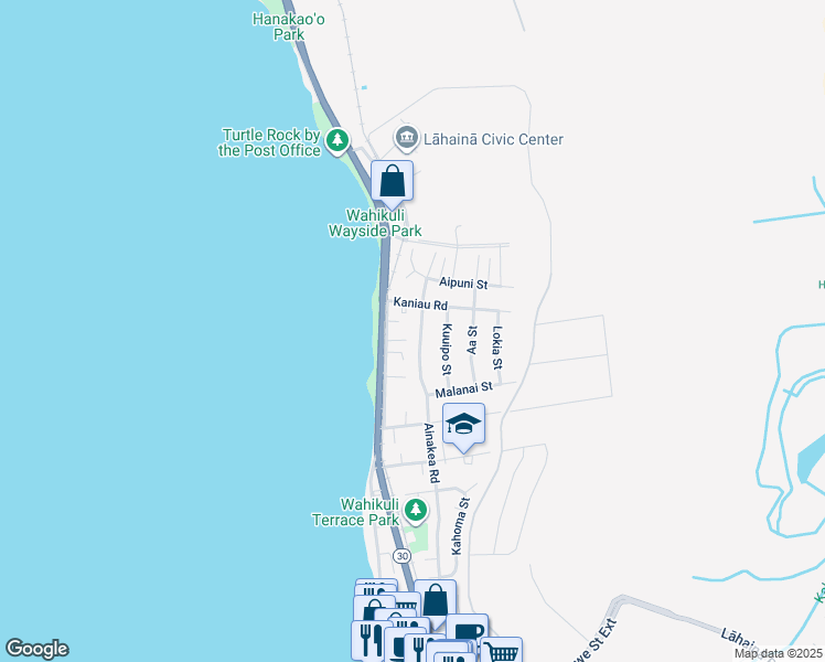 map of restaurants, bars, coffee shops, grocery stores, and more near 1641 Ainakea Road in Lahaina