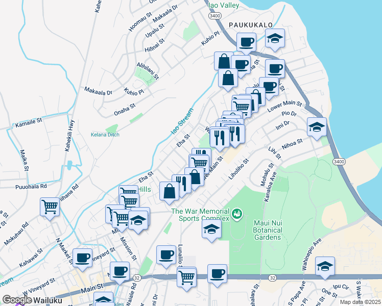 map of restaurants, bars, coffee shops, grocery stores, and more near 30 Waipaa Lane in Wailuku