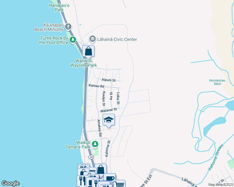 map of restaurants, bars, coffee shops, grocery stores, and more near 1635 Lokia Street in Lahaina