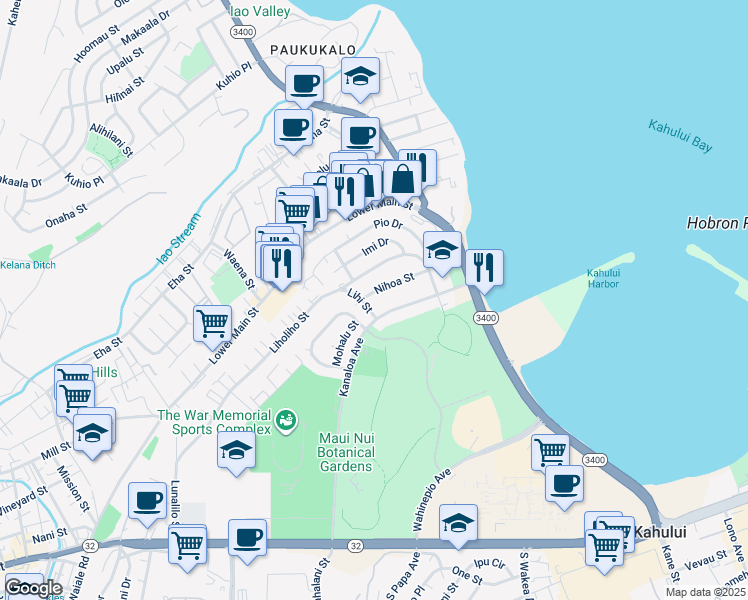 map of restaurants, bars, coffee shops, grocery stores, and more near 346 Nihoa Street in Kahului