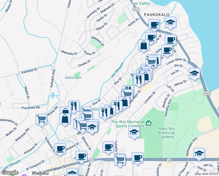 map of restaurants, bars, coffee shops, grocery stores, and more near 6 Lawai Place in Wailuku