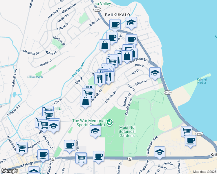 map of restaurants, bars, coffee shops, grocery stores, and more near 427 Liholiho Street in Wailuku