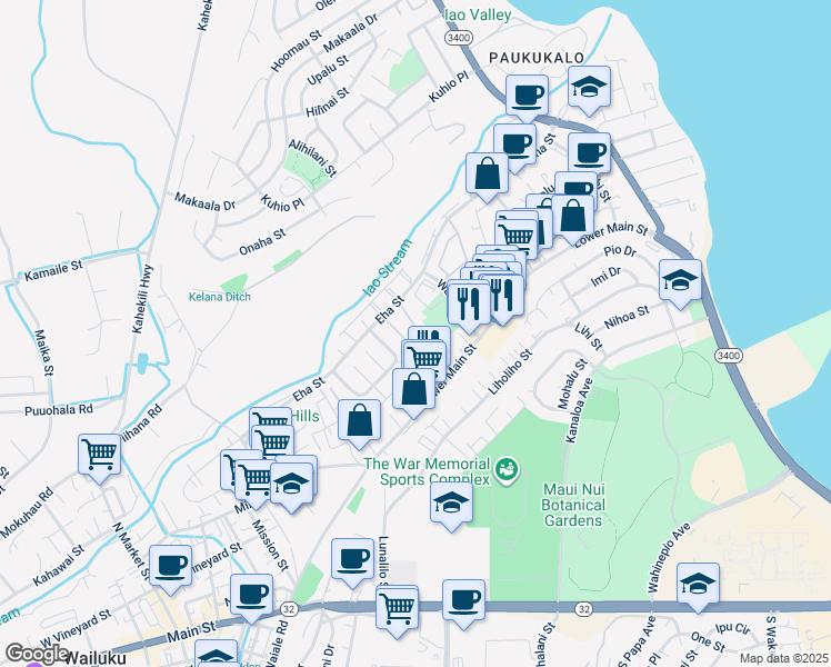map of restaurants, bars, coffee shops, grocery stores, and more near 75 Waiaka Lane in Wailuku