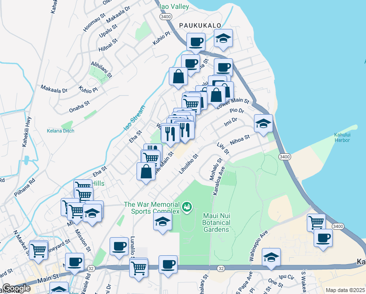 map of restaurants, bars, coffee shops, grocery stores, and more near 427 Liholiho Street in Wailuku