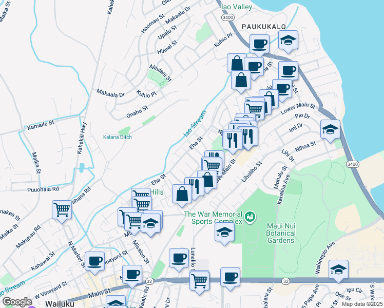 map of restaurants, bars, coffee shops, grocery stores, and more near 11 Iao Loop in Wailuku