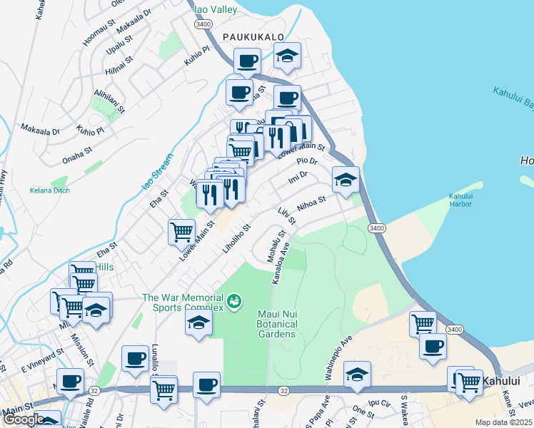 map of restaurants, bars, coffee shops, grocery stores, and more near 496 Liholiho Street in Wailuku