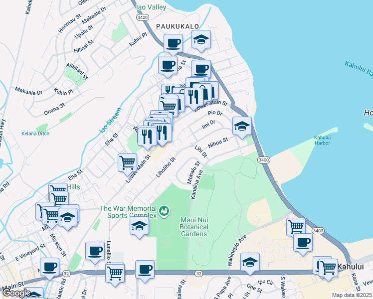 map of restaurants, bars, coffee shops, grocery stores, and more near 496 Liholiho Street in Wailuku