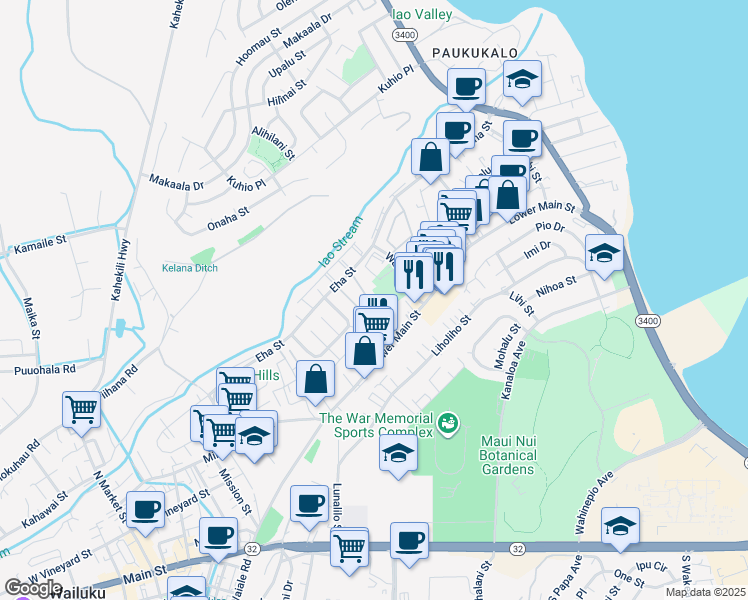map of restaurants, bars, coffee shops, grocery stores, and more near 70 Waiaka Lane in Wailuku