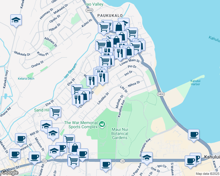map of restaurants, bars, coffee shops, grocery stores, and more near 471 Liholiho Street in Wailuku