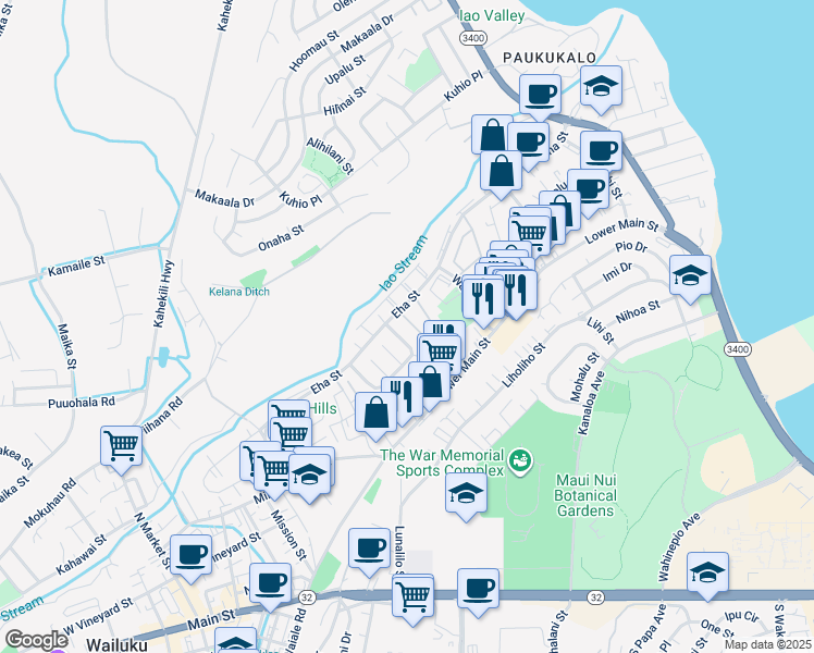 map of restaurants, bars, coffee shops, grocery stores, and more near 30 Waipaa Lane in Wailuku