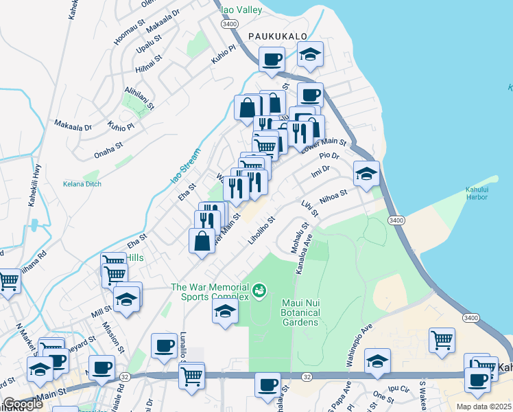 map of restaurants, bars, coffee shops, grocery stores, and more near 1063 Lower Main Street in Wailuku