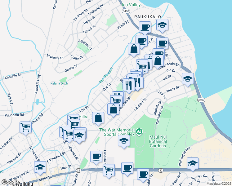 map of restaurants, bars, coffee shops, grocery stores, and more near 80 Waiaka Lane in Wailuku