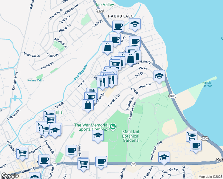 map of restaurants, bars, coffee shops, grocery stores, and more near 427 Liholiho Street in Wailuku