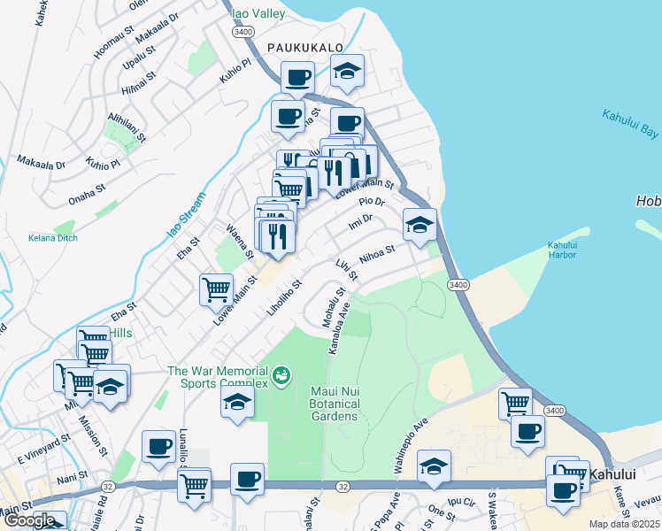 map of restaurants, bars, coffee shops, grocery stores, and more near 491 Lihi Street in Wailuku