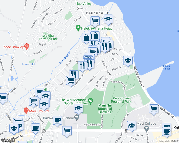 map of restaurants, bars, coffee shops, grocery stores, and more near 1032 Lower Main Street in Wailuku