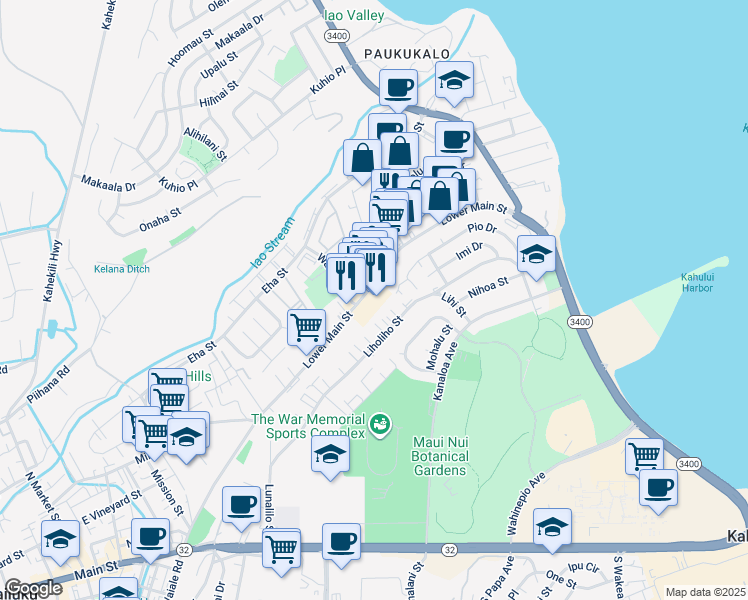 map of restaurants, bars, coffee shops, grocery stores, and more near 1032 Lower Main Street in Wailuku