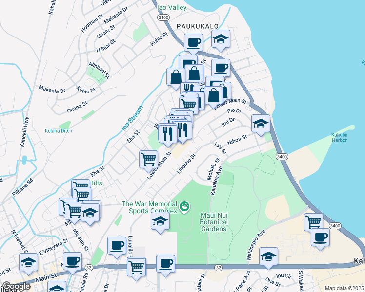map of restaurants, bars, coffee shops, grocery stores, and more near 1032 Lower Main Street in Wailuku