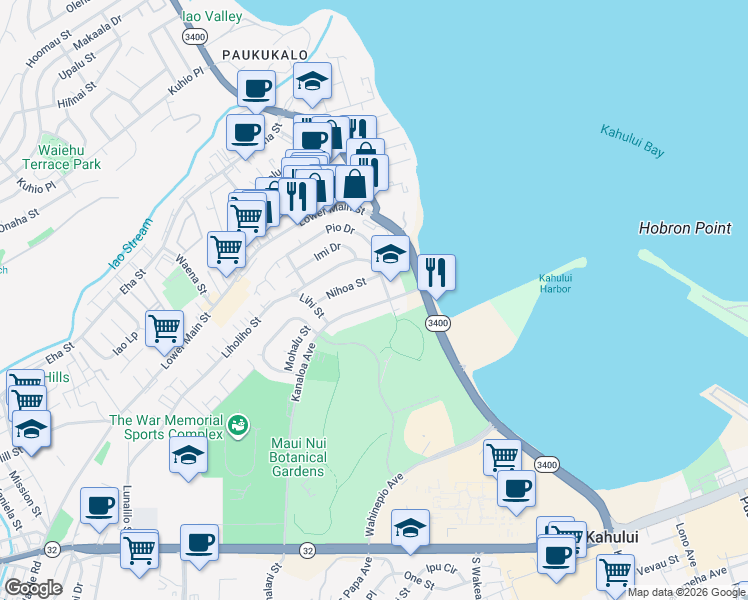 map of restaurants, bars, coffee shops, grocery stores, and more near 436 Nihoa Street in Kahului