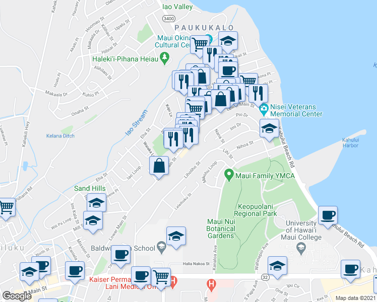 map of restaurants, bars, coffee shops, grocery stores, and more near 1032 Lower Main Street in Wailuku