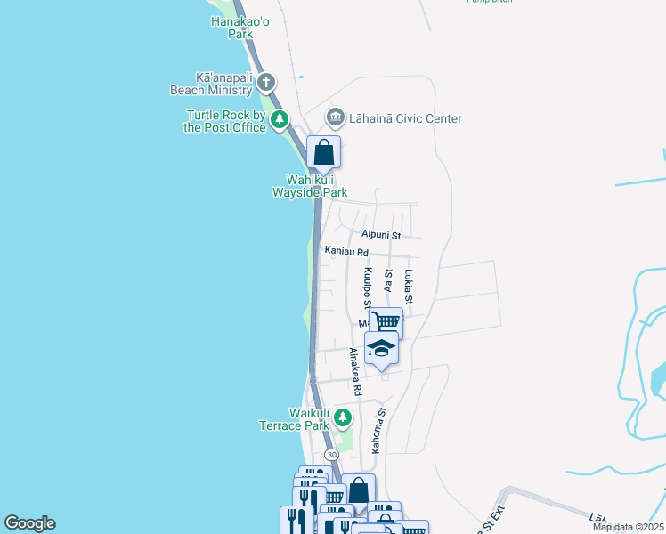 map of restaurants, bars, coffee shops, grocery stores, and more near 1582A Malo Street in Lahaina