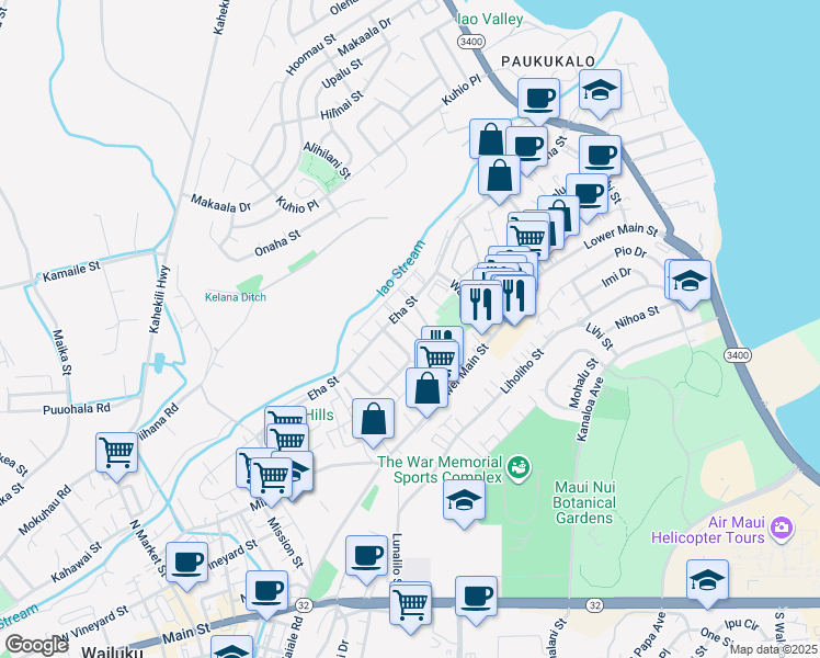 map of restaurants, bars, coffee shops, grocery stores, and more near 11 Waipaa Lane in Wailuku