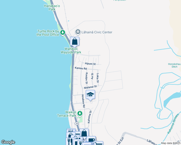 map of restaurants, bars, coffee shops, grocery stores, and more near 1676 Aa Street in Lahaina