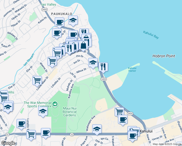 map of restaurants, bars, coffee shops, grocery stores, and more near Kanaloa Avenue in Maui County