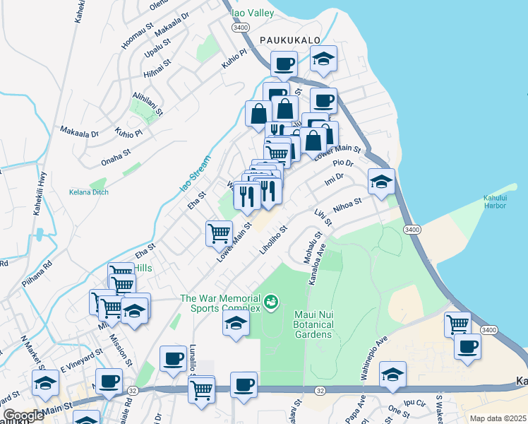 map of restaurants, bars, coffee shops, grocery stores, and more near 1032 Lower Main Street in Wailuku