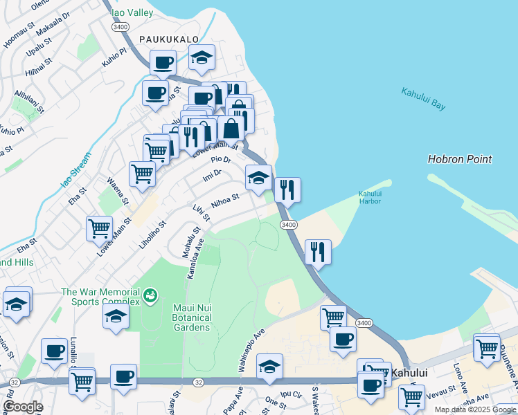 map of restaurants, bars, coffee shops, grocery stores, and more near 441 Kanaloa Avenue in Kahului