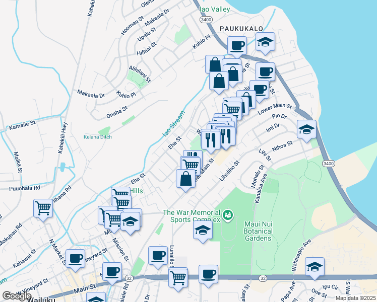 map of restaurants, bars, coffee shops, grocery stores, and more near 70 Waiaka Lane in Wailuku