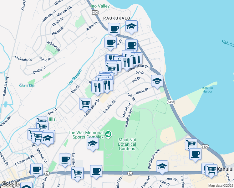 map of restaurants, bars, coffee shops, grocery stores, and more near 471 Liholiho Street in Wailuku